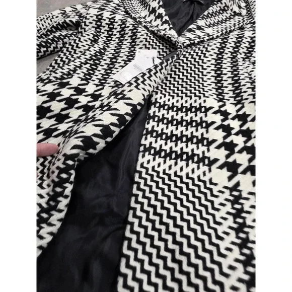Zara Coat Womens Small Black White Houndstooth Wool Blend Long Tweed Overcoat - Picture 6 of 15